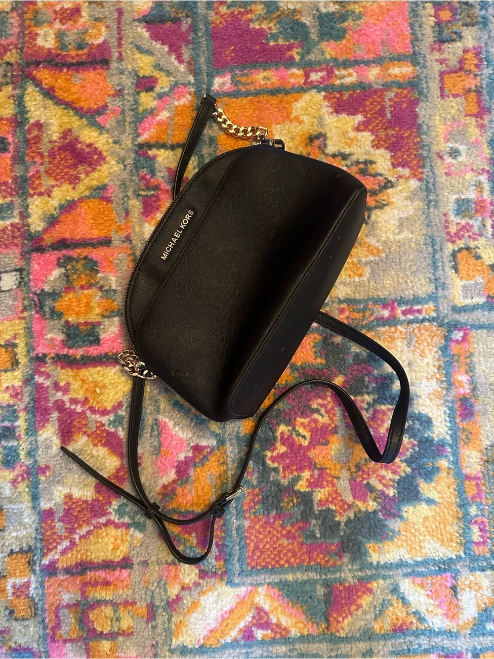 Michael Kors Black Saffiano Leather Crossbody with Gold Chain Accent